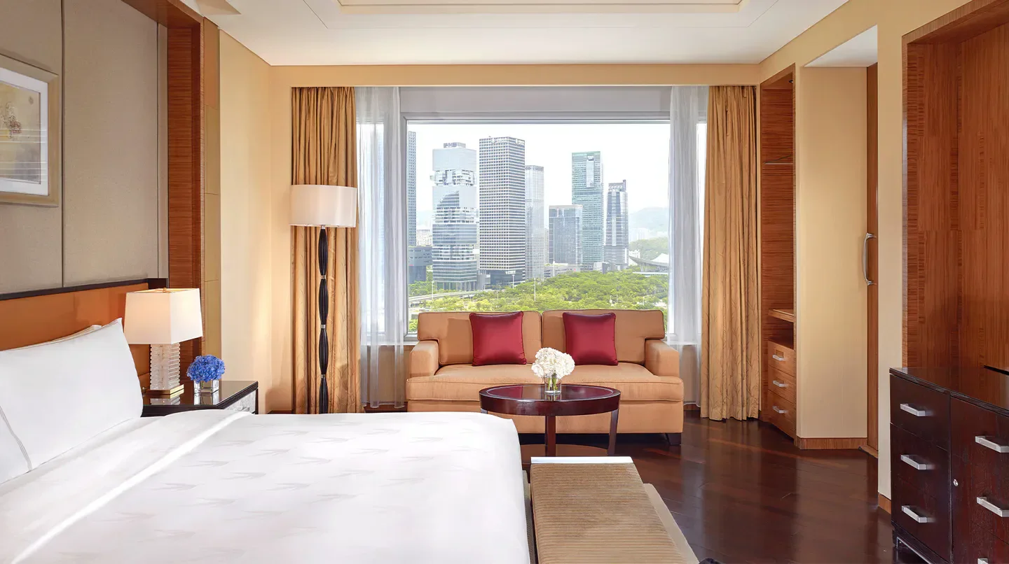 Luxury hotel room with city views at The Ritz-Carlton, Shenzhen, China.