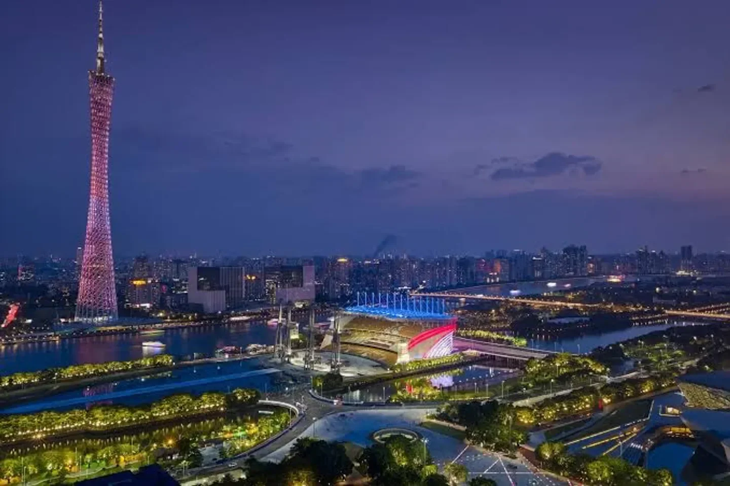 Guangzhou skyline at dusk with the iconic Canton Tower, near The Ritz-Carlton Spa, Guangzhou.