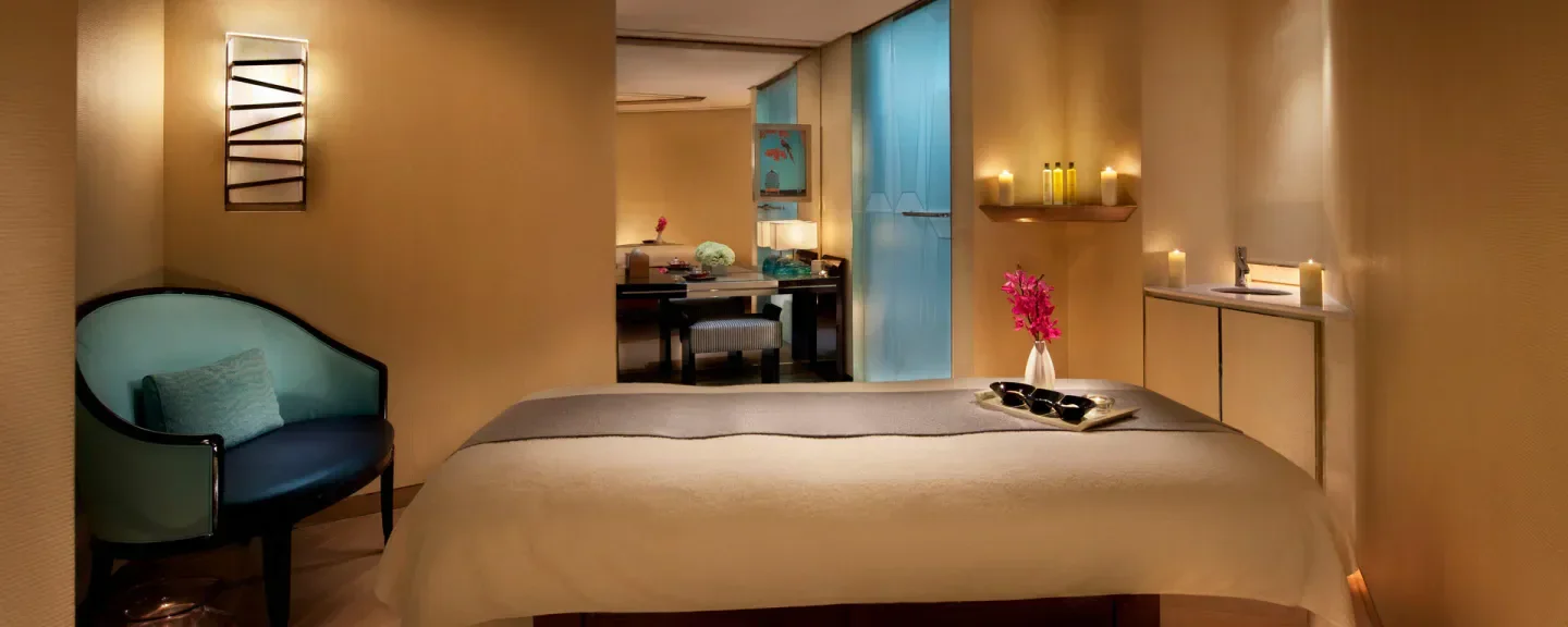 Relaxing spa treatment room at The Ritz-Carlton Spa Shanghai, Pudong, in Shanghai.