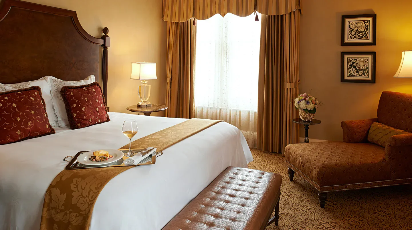 Cozy bedroom at The Roosevelt New Orleans, A Waldorf Astoria Hotel in New Orleans.