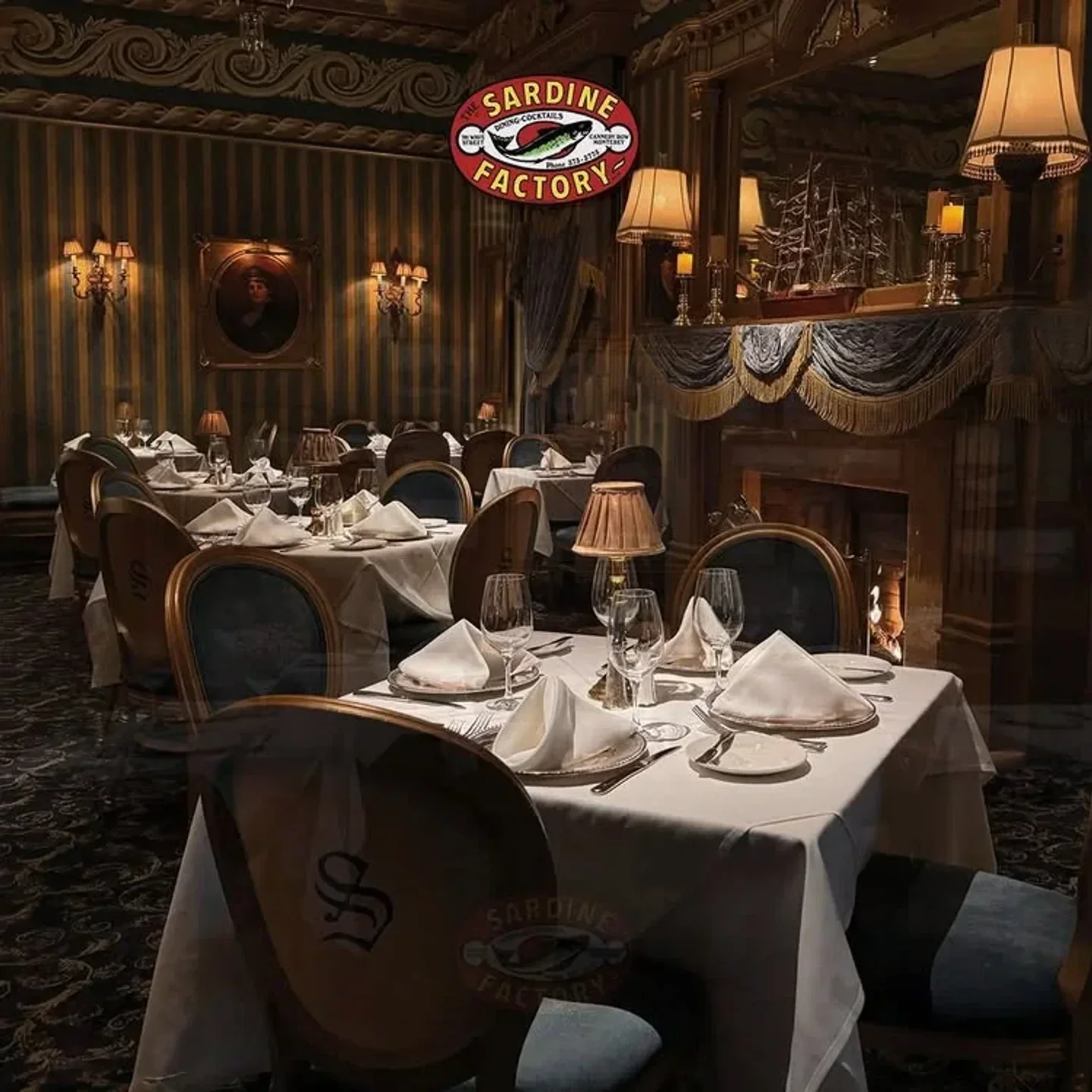 Elegant dining room interior at The Sardine Factory restaurant in Carmel, California