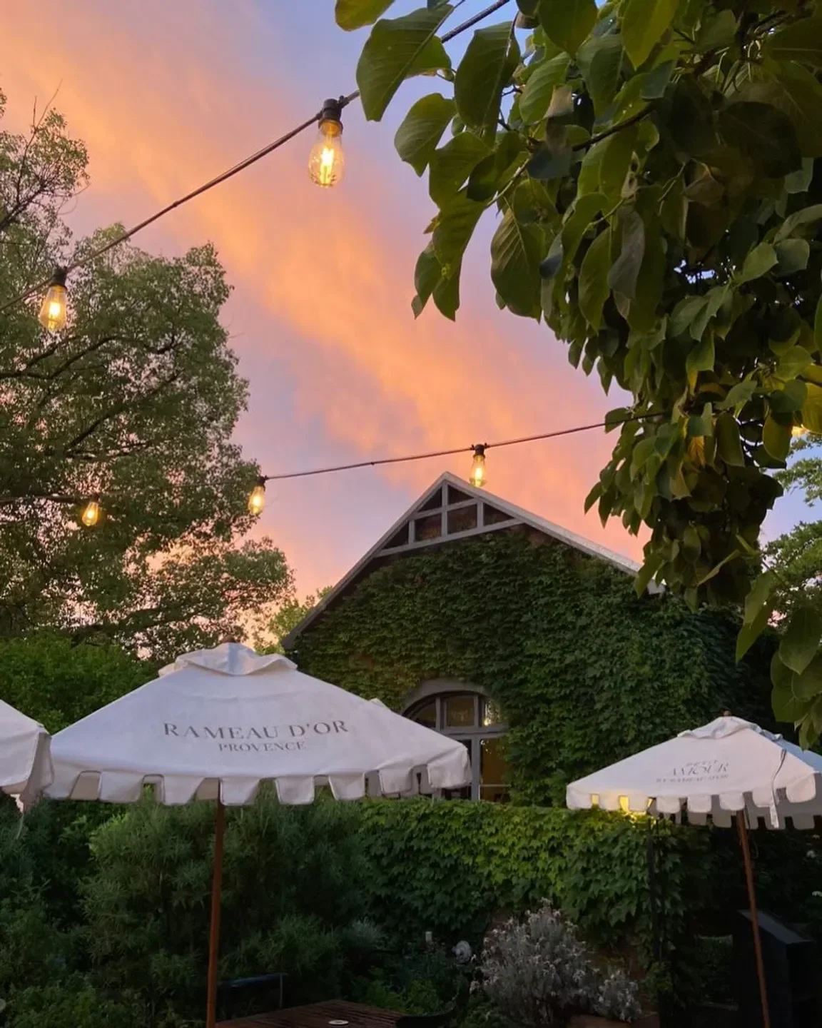 Sunset view at The Schoolhouse Restaurant at Union Bank in Orange with outdoor seating.