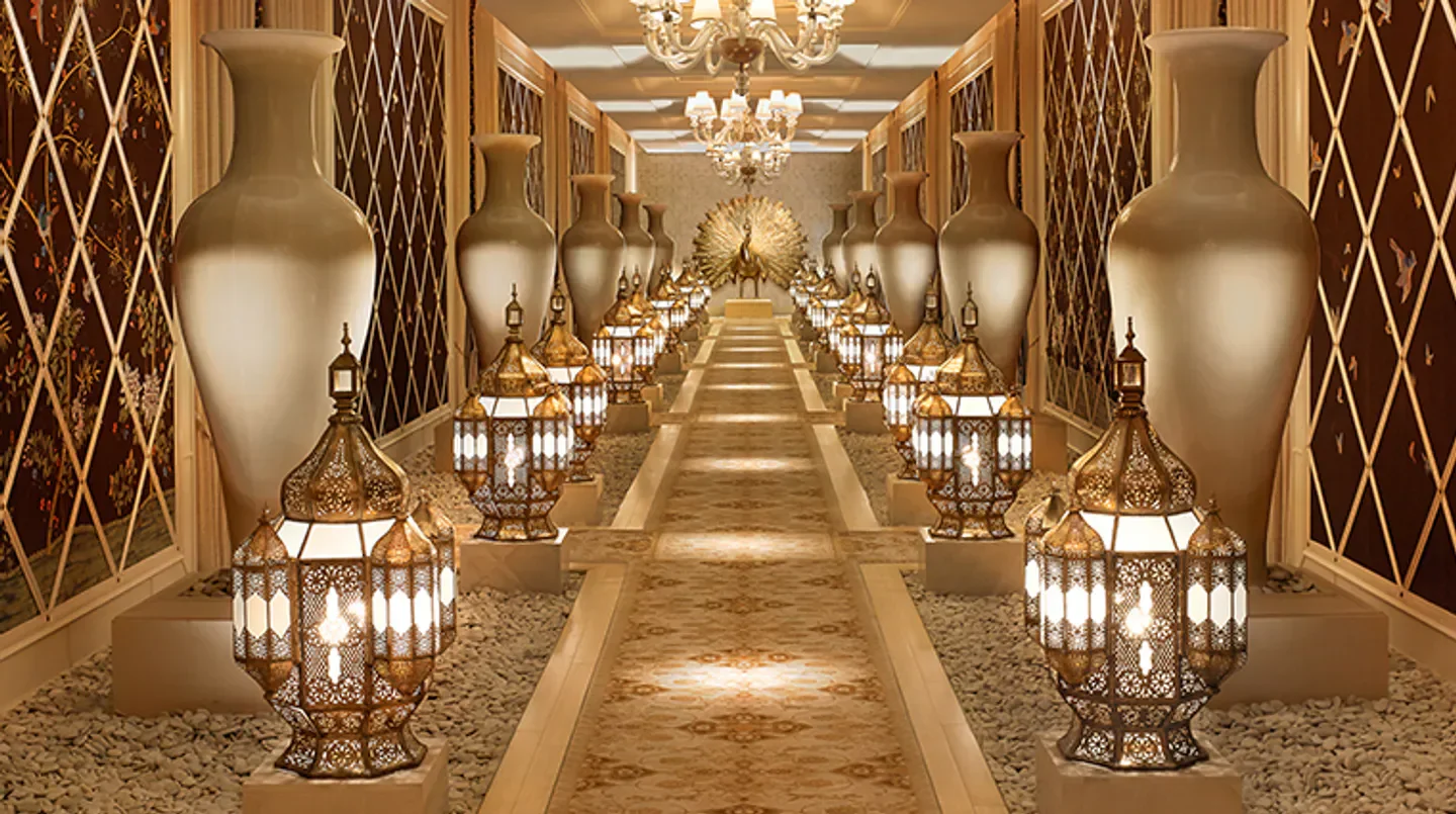 Elegant corridor at The Spa at Encore Las Vegas, featuring stylish lanterns.