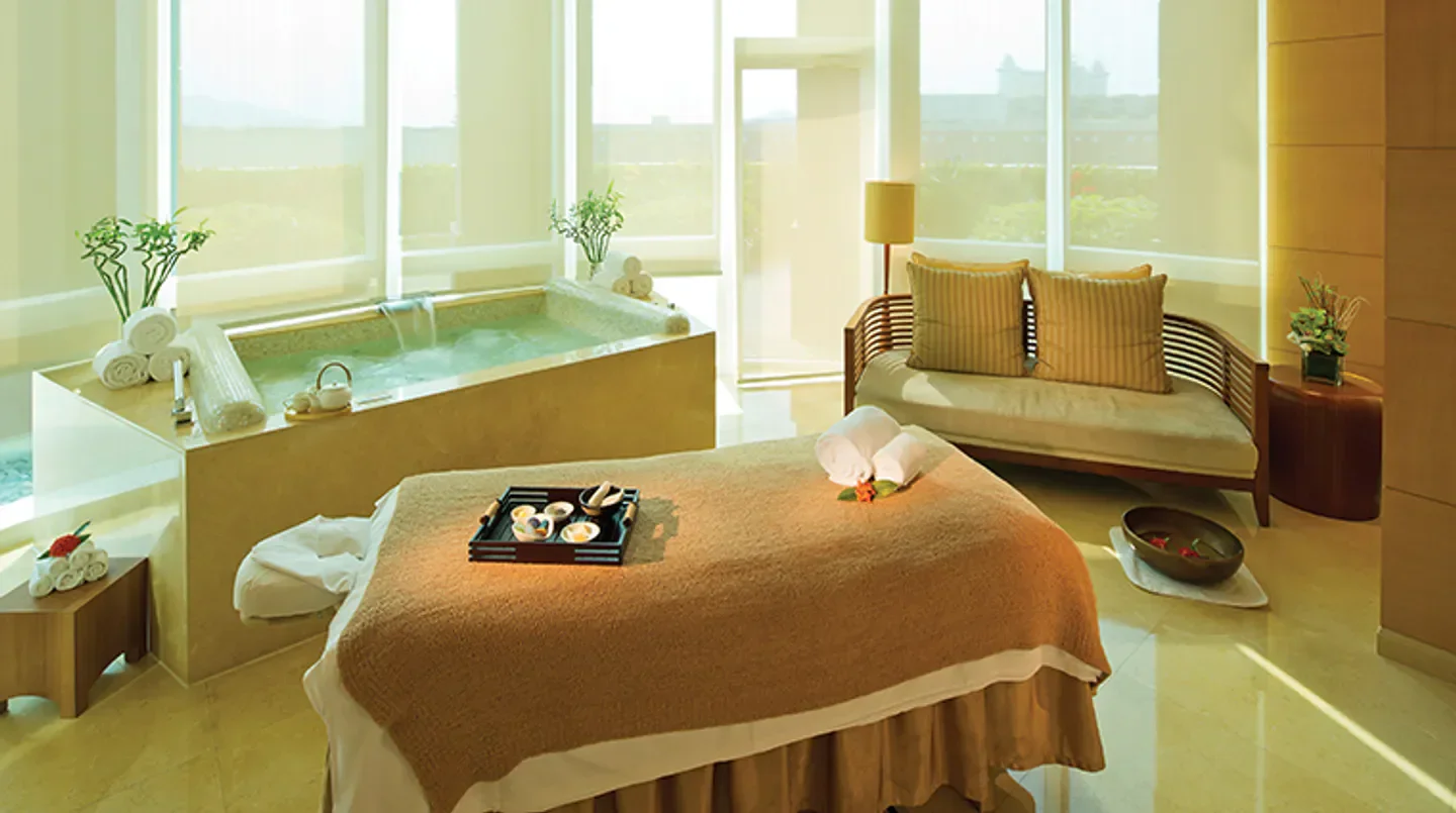 Relaxing spa treatment room at The Spa at Four Seasons Hotel Macao, Cotai Strip, Macau.