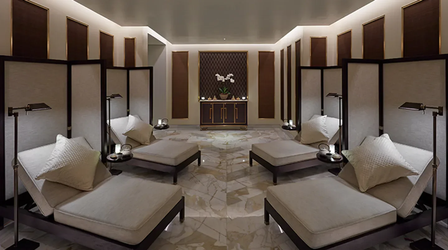 Relaxation lounge at The Spa at Mandarin Oriental, Doha. Luxurious spa experience in Doha.