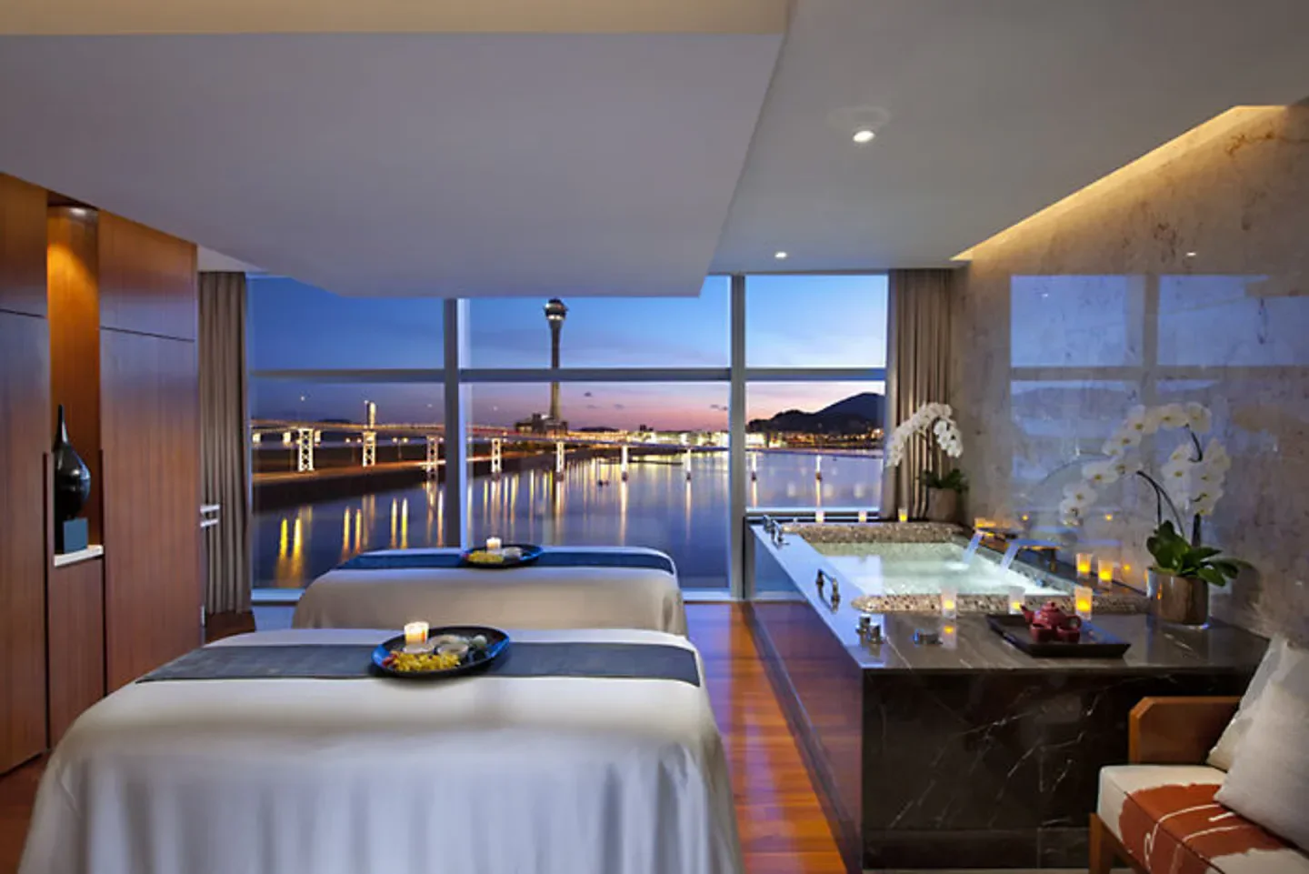 Spa room with harbor view at The Spa at Mandarin Oriental, Macau.