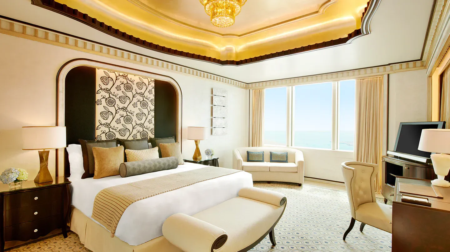 Luxury bedroom at The St. Regis Abu Dhabi, showcasing elegant decor and stunning views in Abu Dhabi.