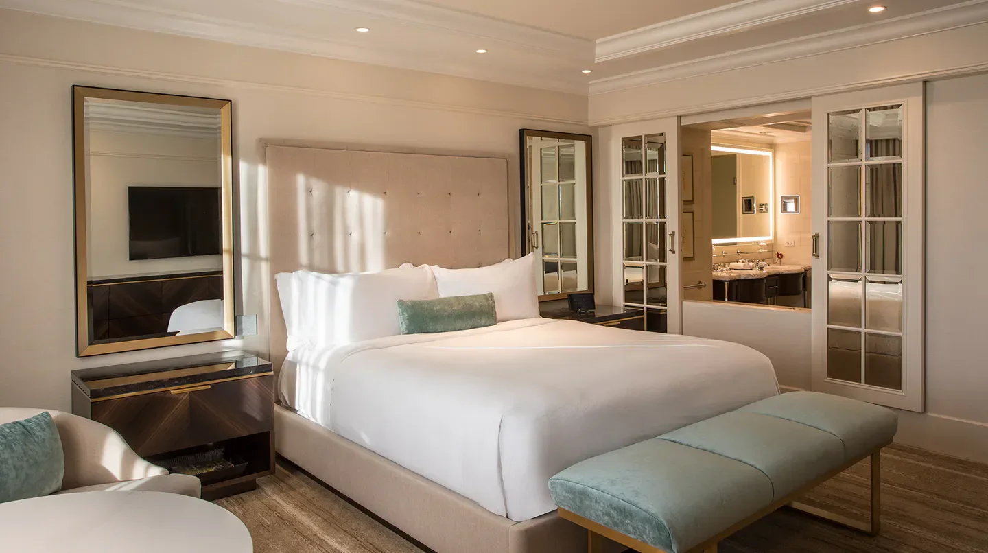 Elegant bedroom at The St. Regis Atlanta hotel with luxurious decor in Atlanta.