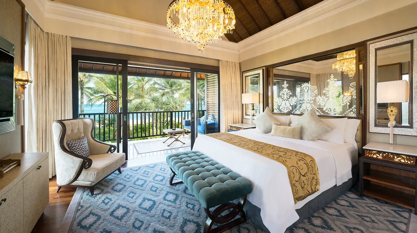Luxurious bedroom at The St. Regis Bali Resort, featuring ocean views in Bali.