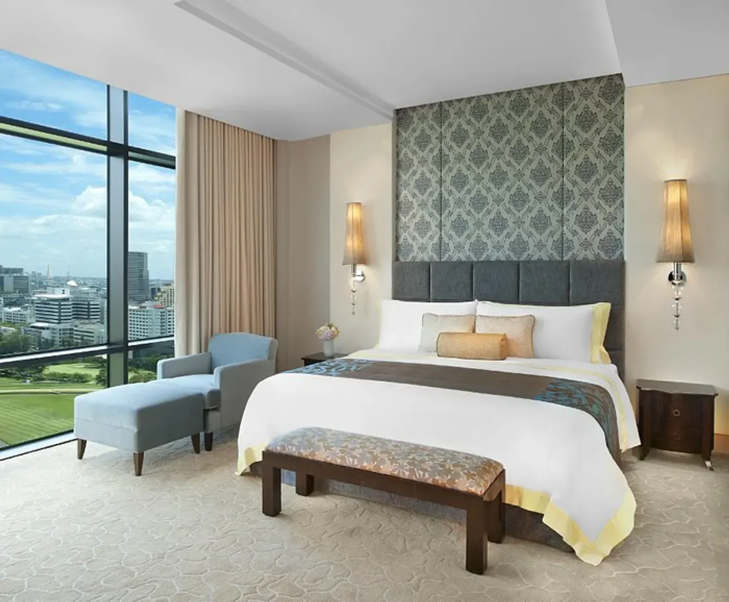 Luxury bedroom at The St. Regis Bangkok, featuring city views of Bangkok, Thailand.