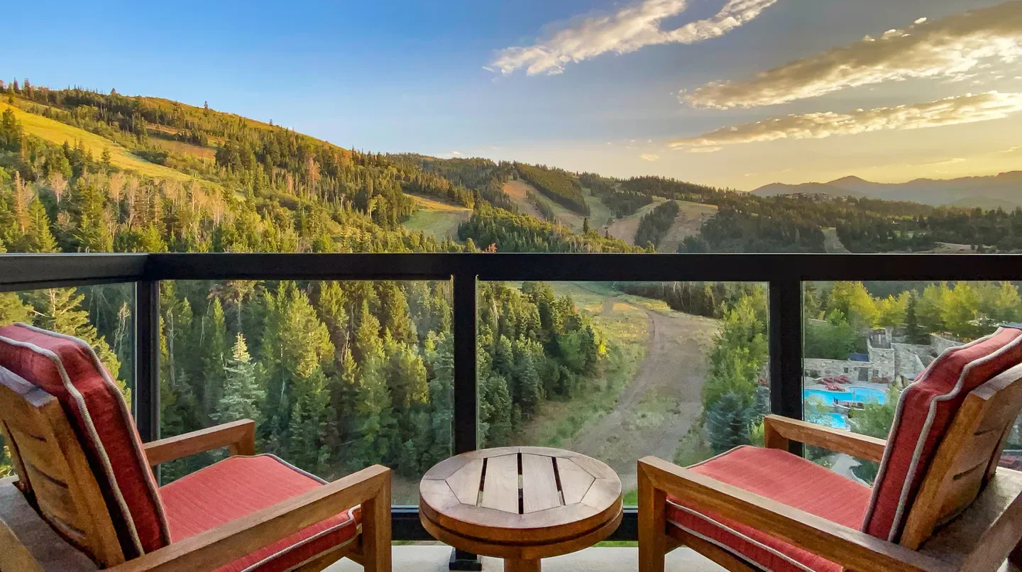 Scenic view from The St. Regis Deer Valley, Park City, with mountain and chair details.