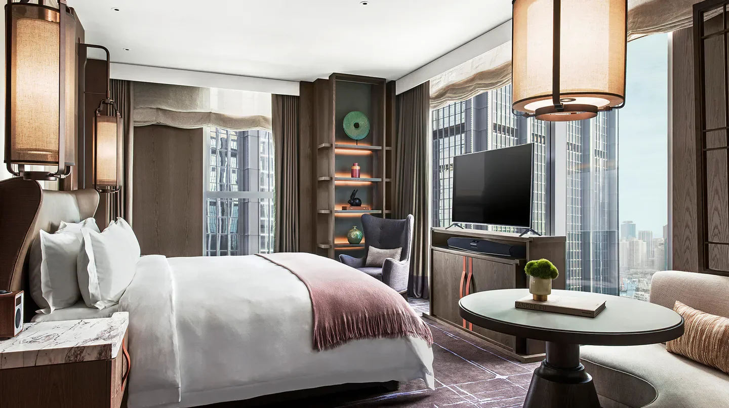 Luxury hotel room at The St. Regis Hong Kong with city views in Hong Kong.