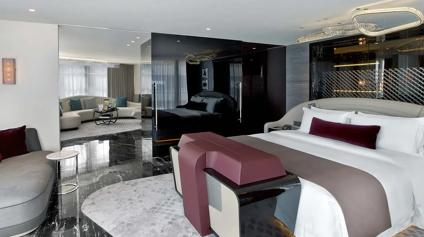 Luxury bedroom at The St. Regis Istanbul with marble floors in Istanbul.