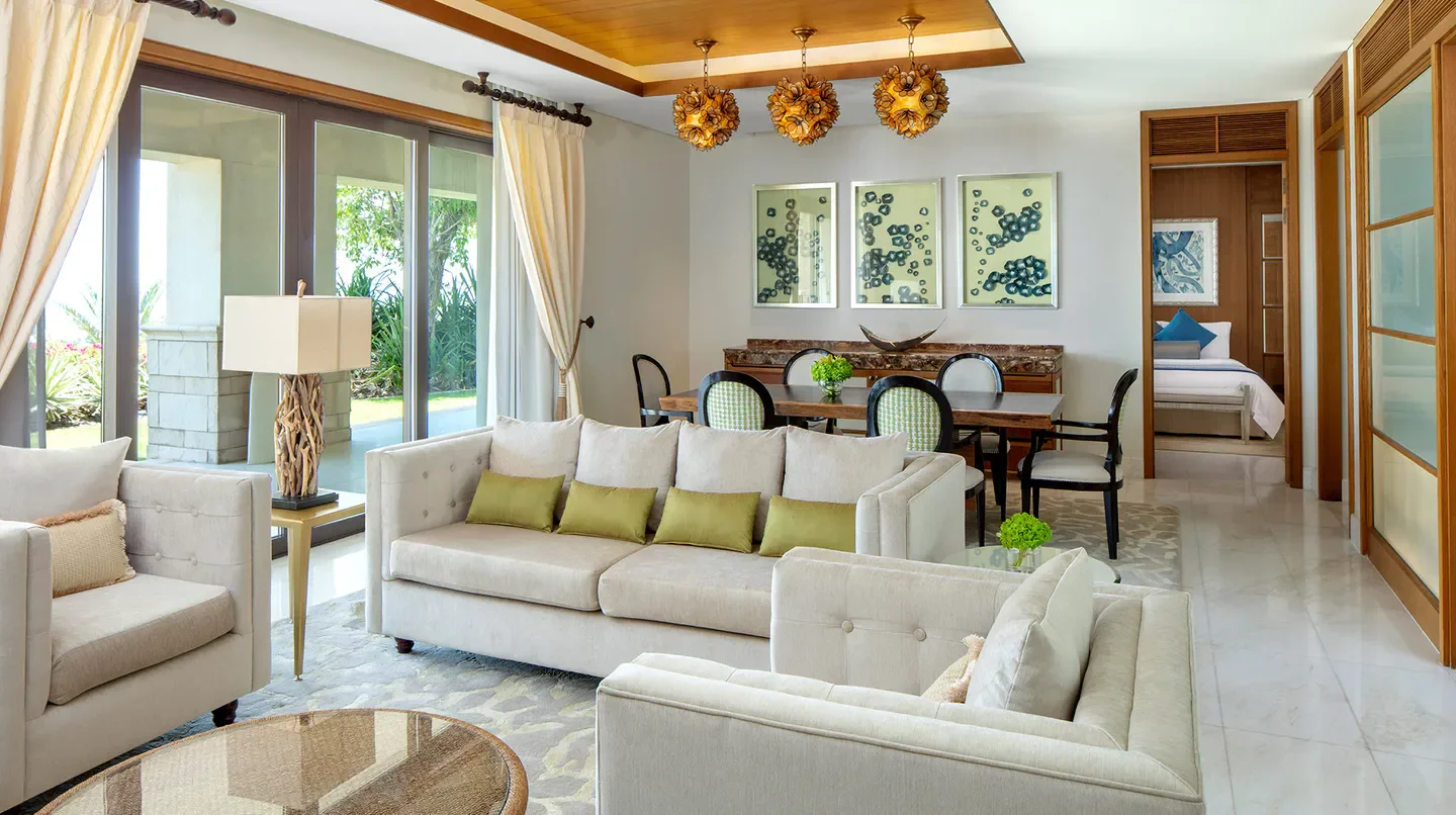 Elegant living area at The St. Regis Saadiyat Island Resort, Abu Dhabi, with stylish decor.