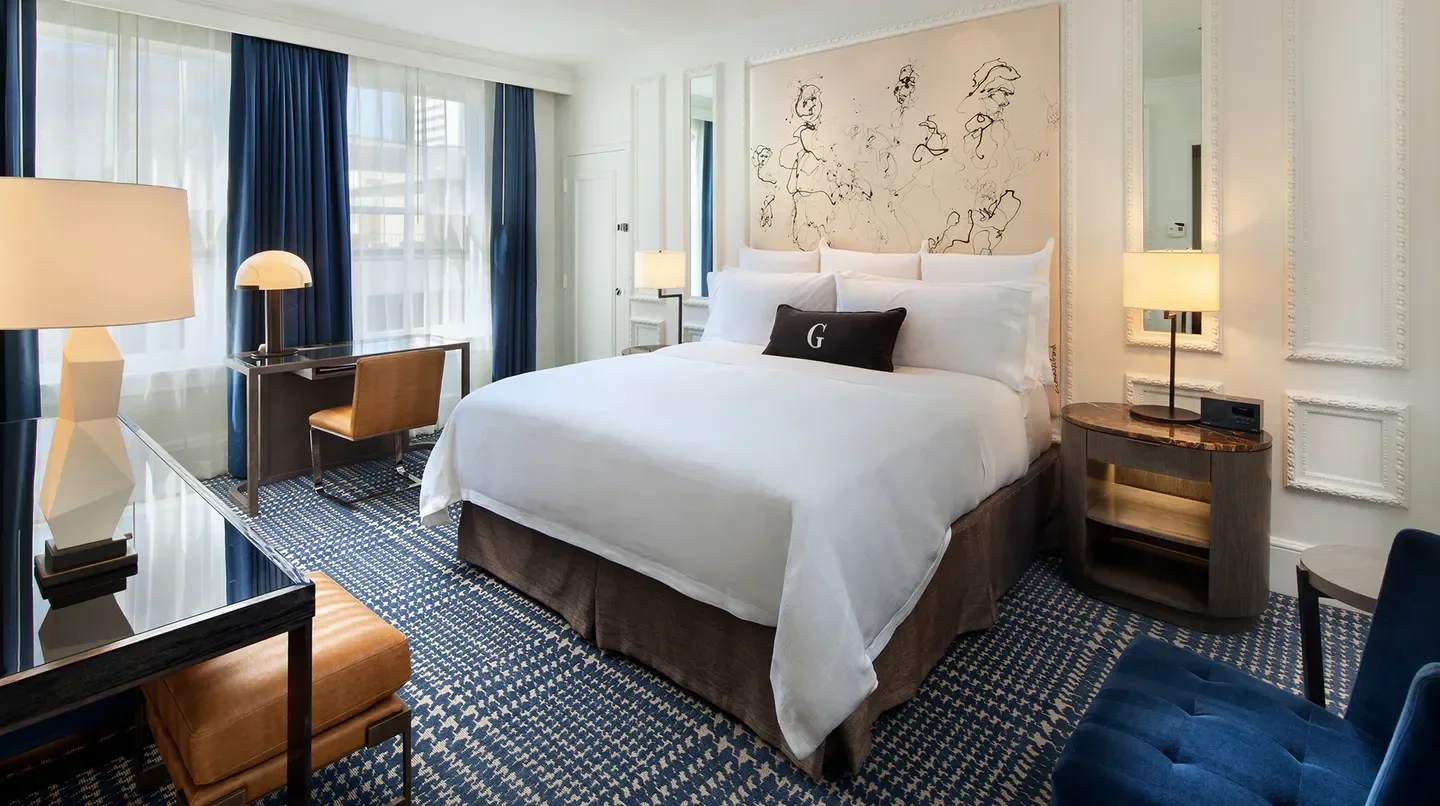 Elegant bedroom at The US Grant, A Luxury Collection Hotel in San Diego, featuring luxury decor.