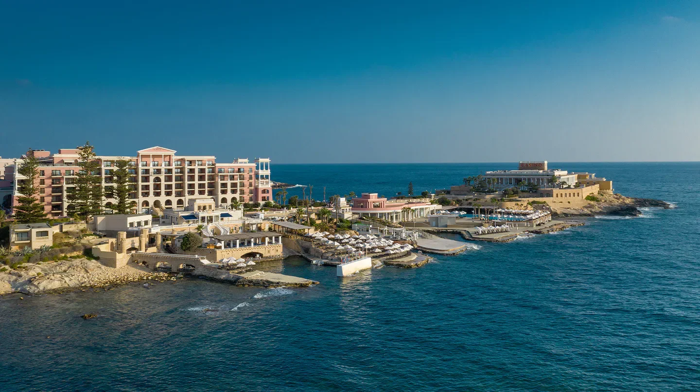 Aerial view of The Westin Dragonara Resort in Malta, overlooking the Mediterranean Sea.
