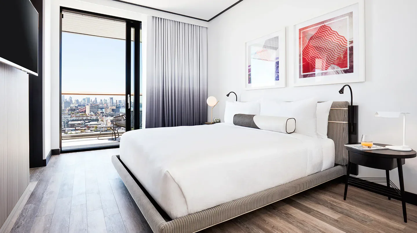 Stylish room at The William Vale in New York City with city skyline view