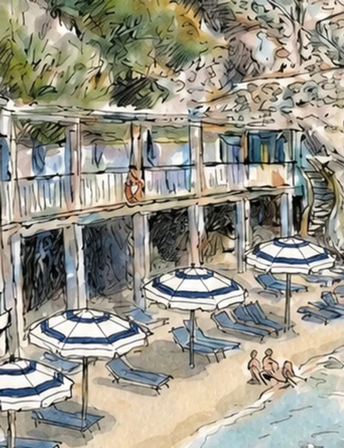 Torre Saracena beach club in Capri with striped umbrellas and lounge chairs on sandy shore