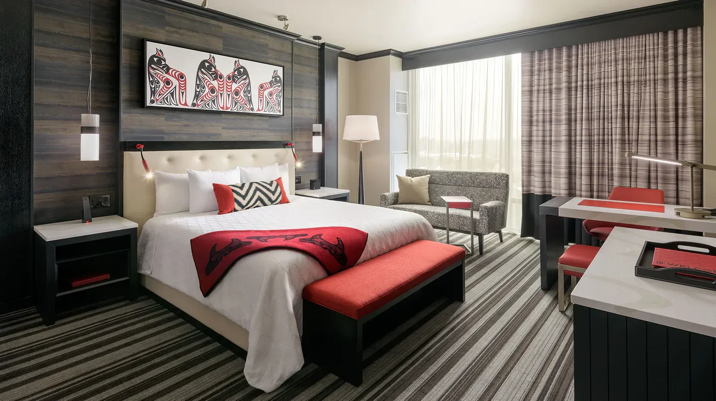 Cozy hotel room at the Tulalip Resort Casino in Seattle, featuring Native American art.