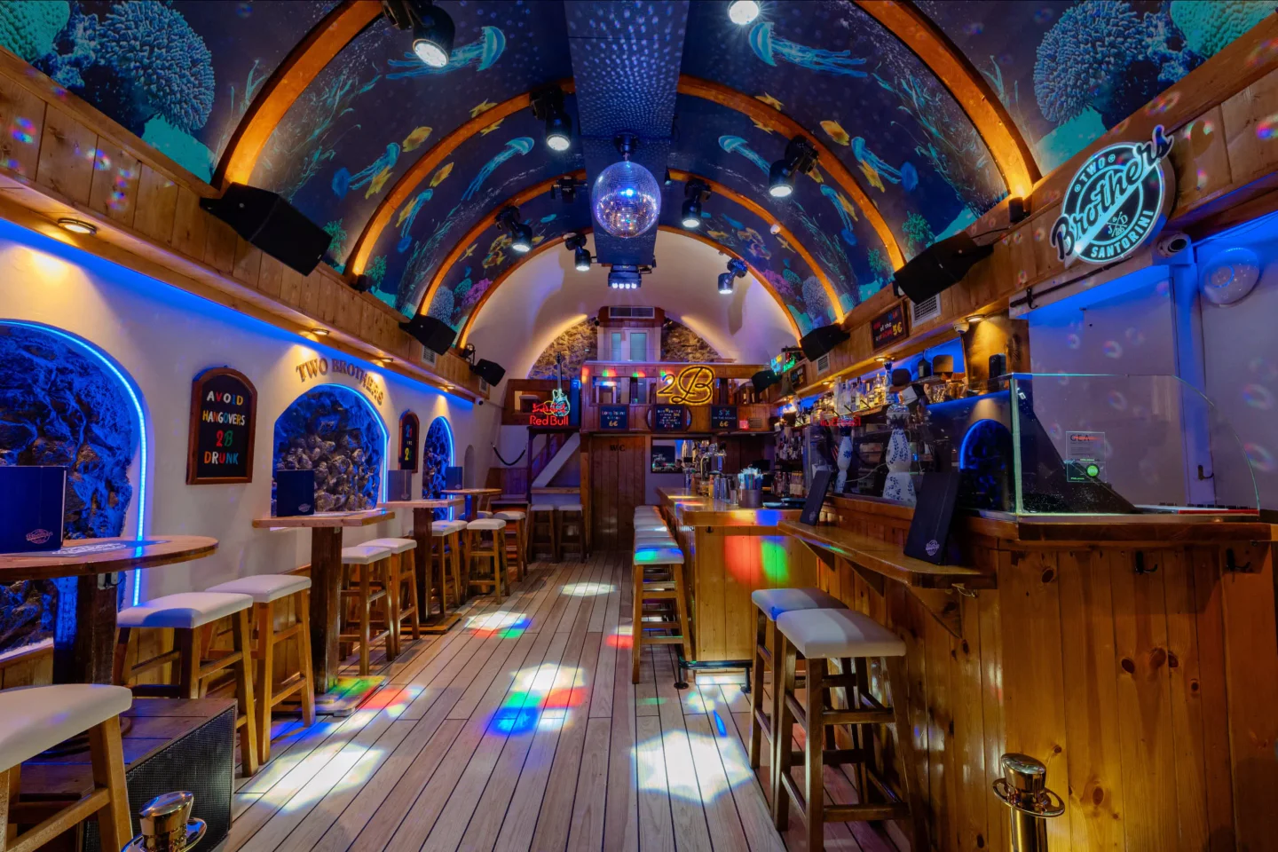 Interior of Two Brothers Bar in the city, featuring a disco ball and ocean-themed ceiling art.