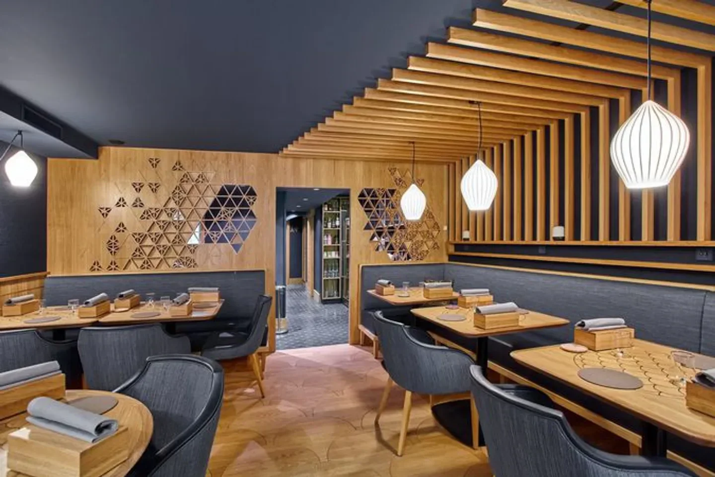 Stylish interior of Umami restaurant in Strasbourg with wooden accents and modern design