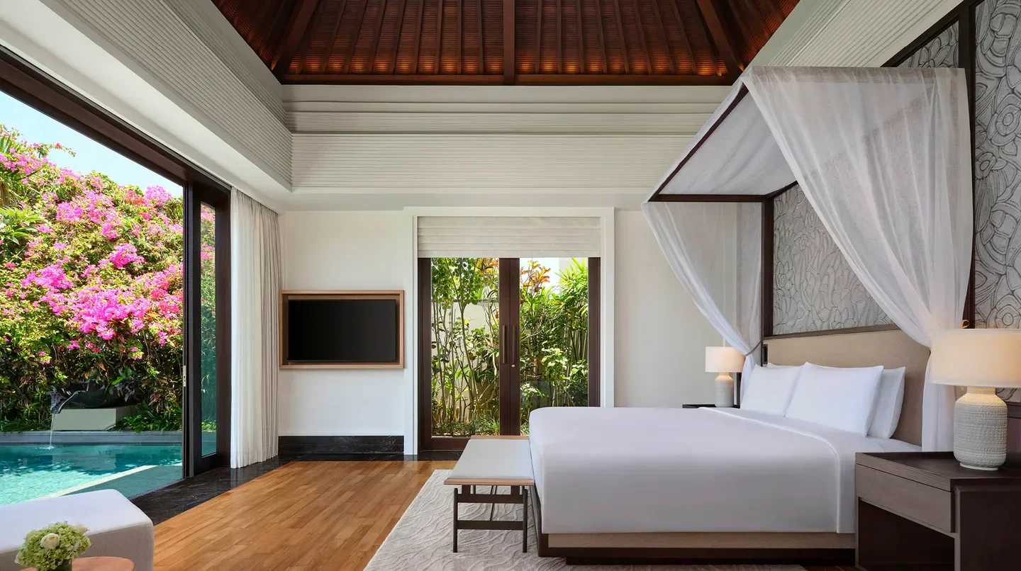 Luxury bedroom at Umana Bali, LXR Hotels & Resorts. Stunning Bali views, pool and garden.