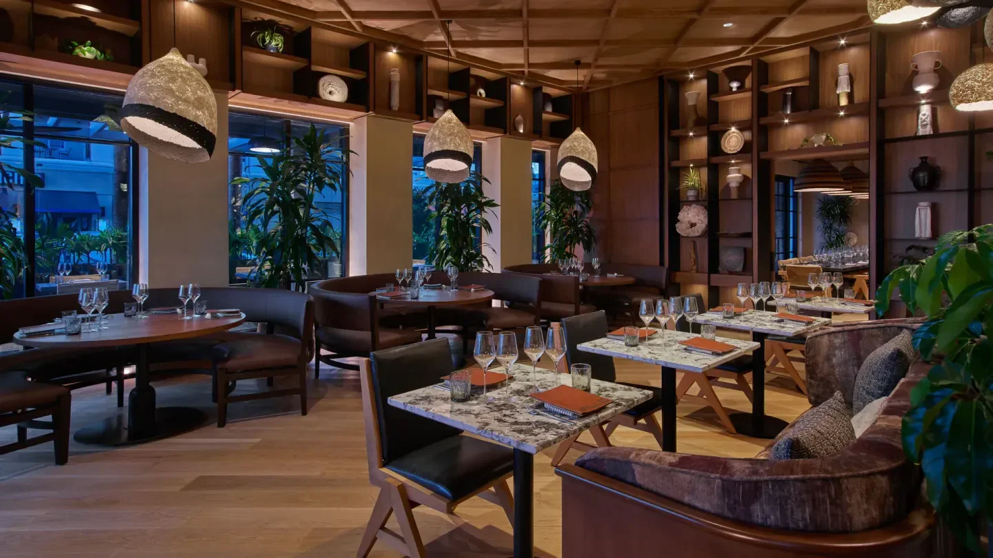 Interior of Valle restaurant in San Diego, featuring stylish tables and decor