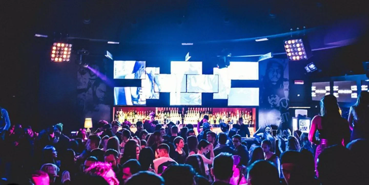 Inside the vibrant Vibe Room nightclub in Milan, filled with party-goers and atmosphere.