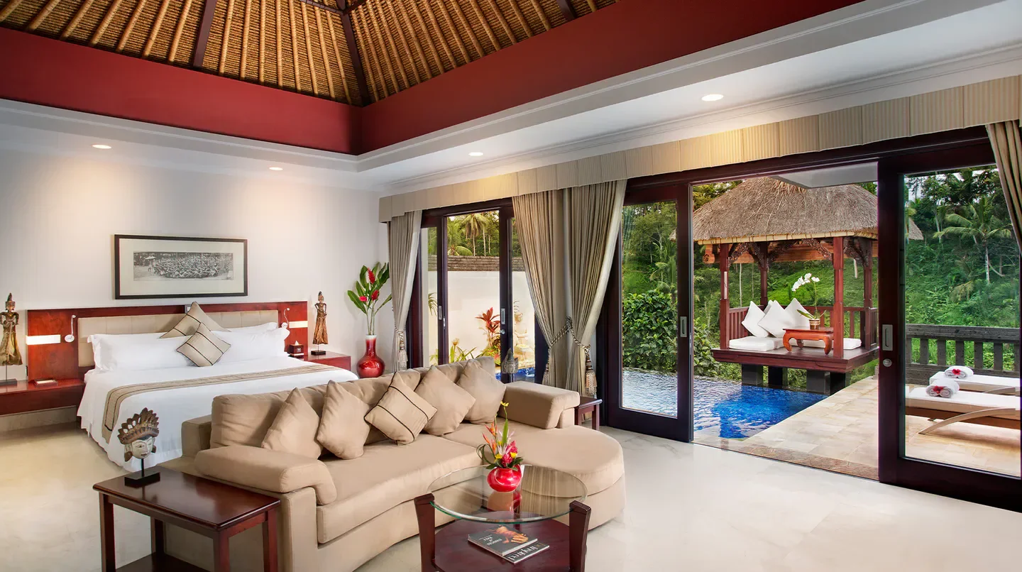 Luxury suite at Viceroy Bali with pool and gazebo overlooking the Bali rainforest