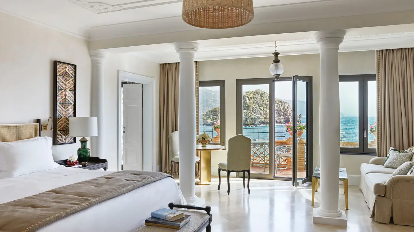 Bedroom view at Villa Sant'Andrea, A Belmond Hotel, Taormina Mare overlooking the sea in Taormina.