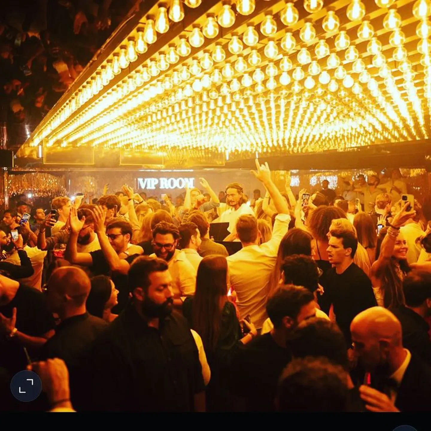 Energetic crowd at VIP Room nightclub in Saint-Tropez, under warm golden lighting.