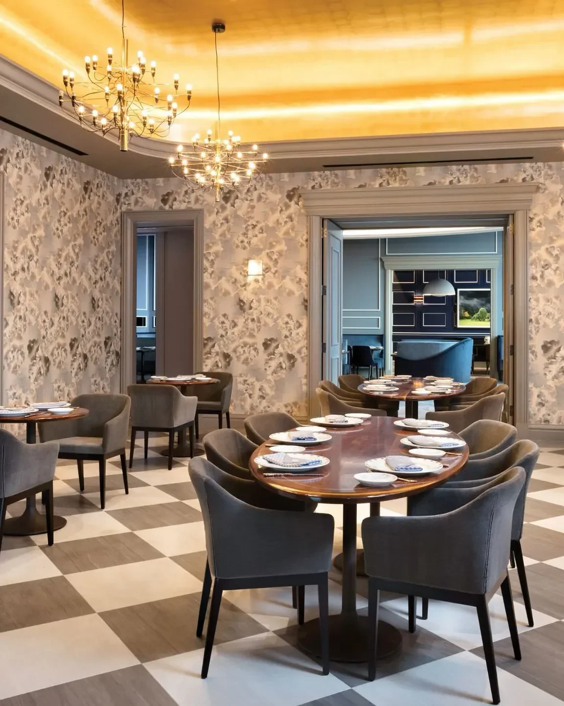 Elegant dining room at Voltaggio Brothers Steakhouse in Washington, featuring stylish seating.