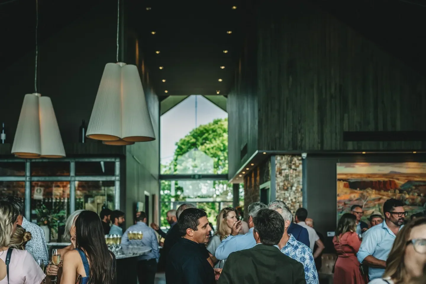 Gathering at Voyager Estate Restaurant in Margaret River with elegant lighting and atmosphere.