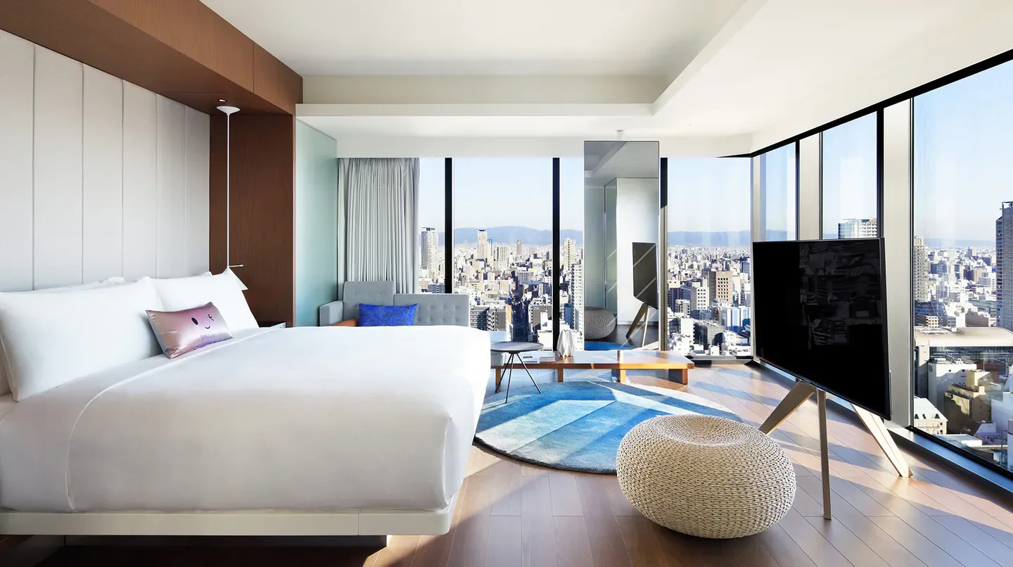 Modern hotel room at W Osaka with stunning city views of Osaka.