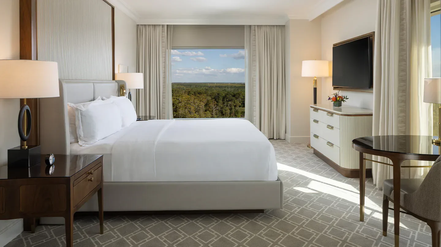 Elegant hotel room at Waldorf Astoria Orlando with a view of Orlando's landscape