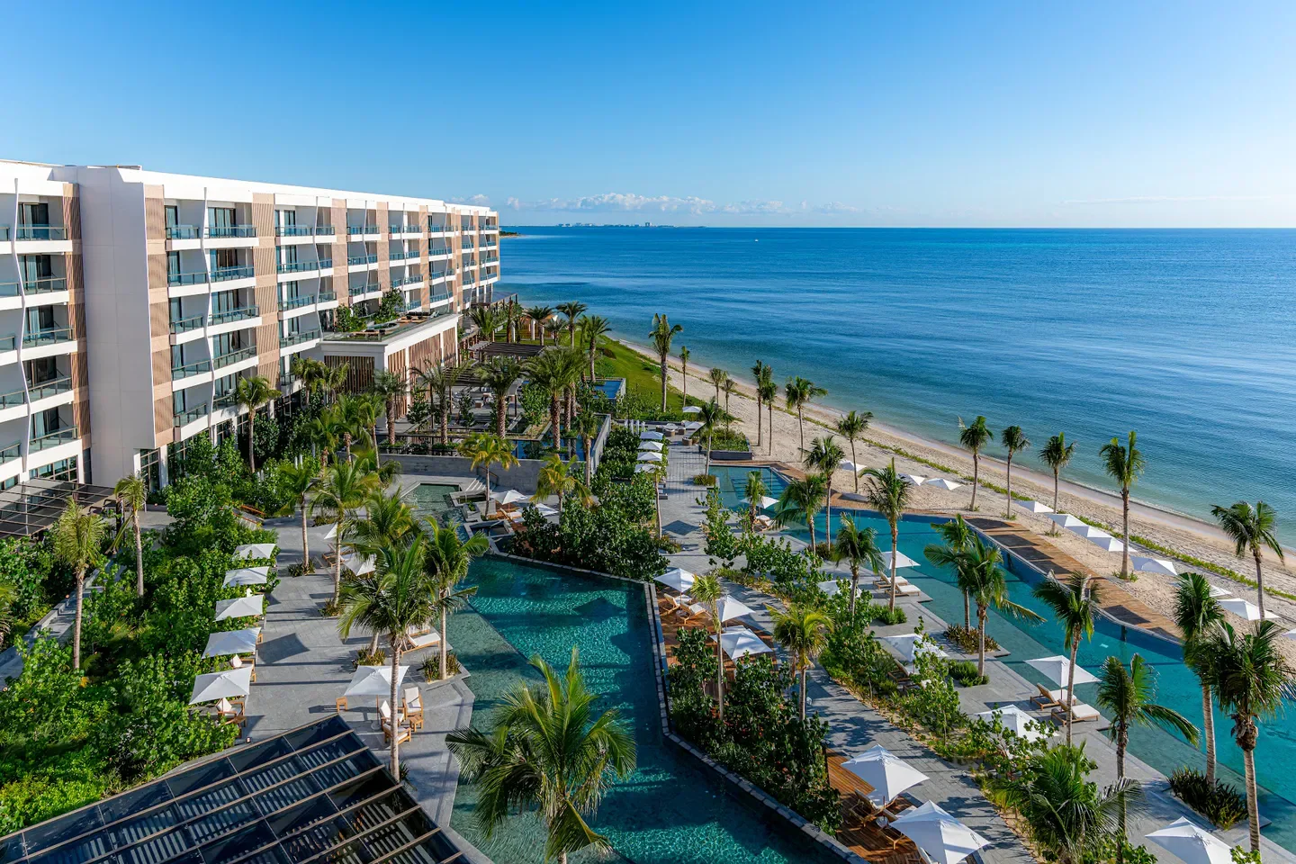 Aerial view of the Waldorf Astoria Spa Cancun resort and its beach in Cancun.