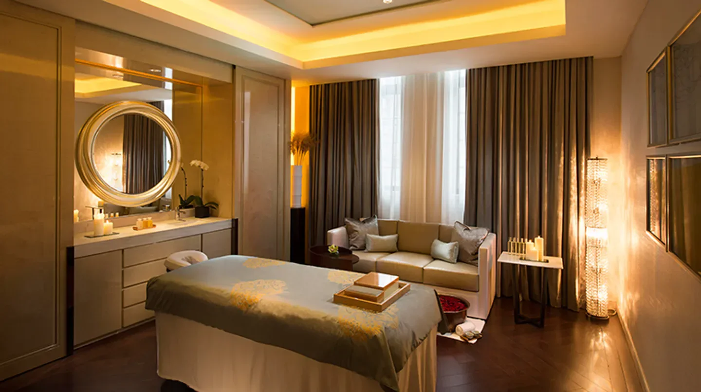 Relaxing spa suite at Waldorf Astoria Spa Shanghai, perfect for treatments in Shanghai.