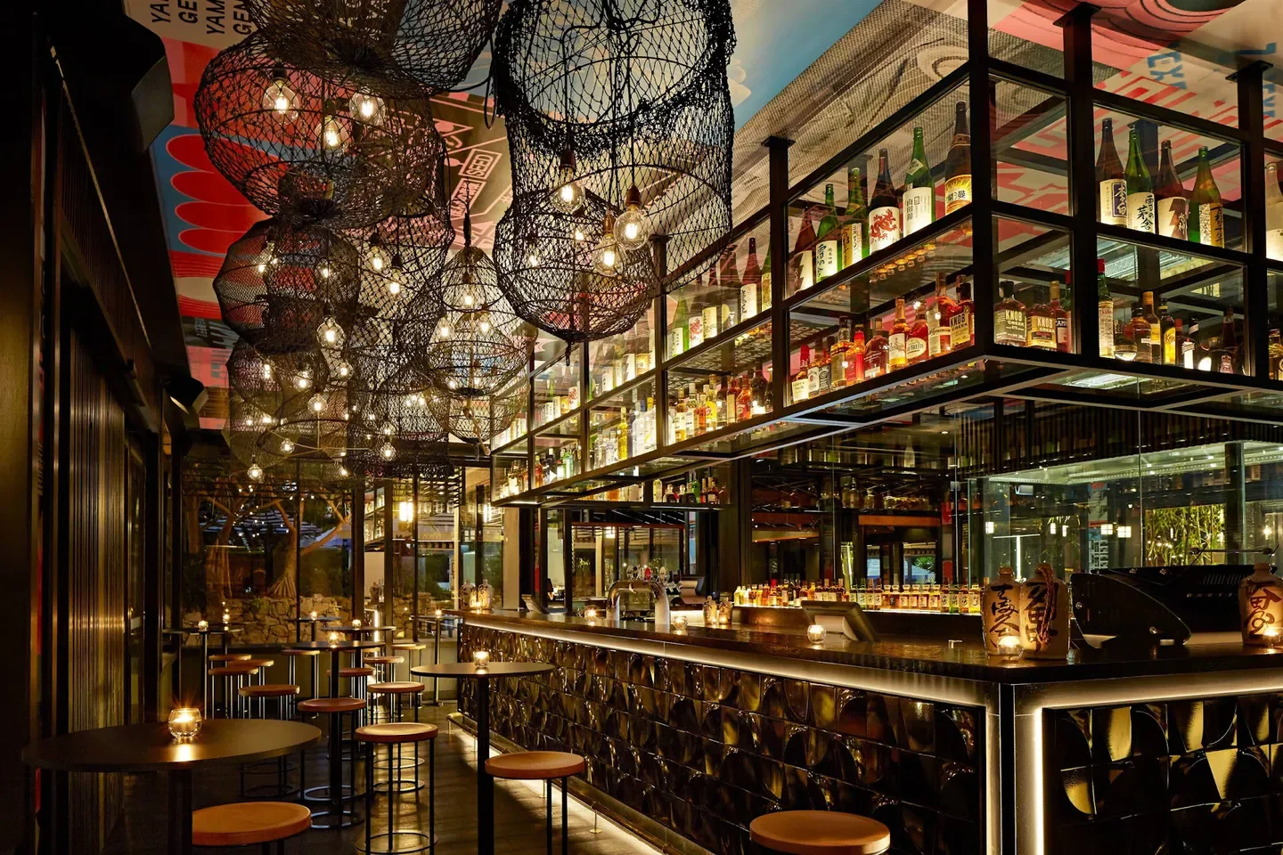 Interior of Yamagen restaurant in Gold Coast, featuring stylish bar and unique decor.