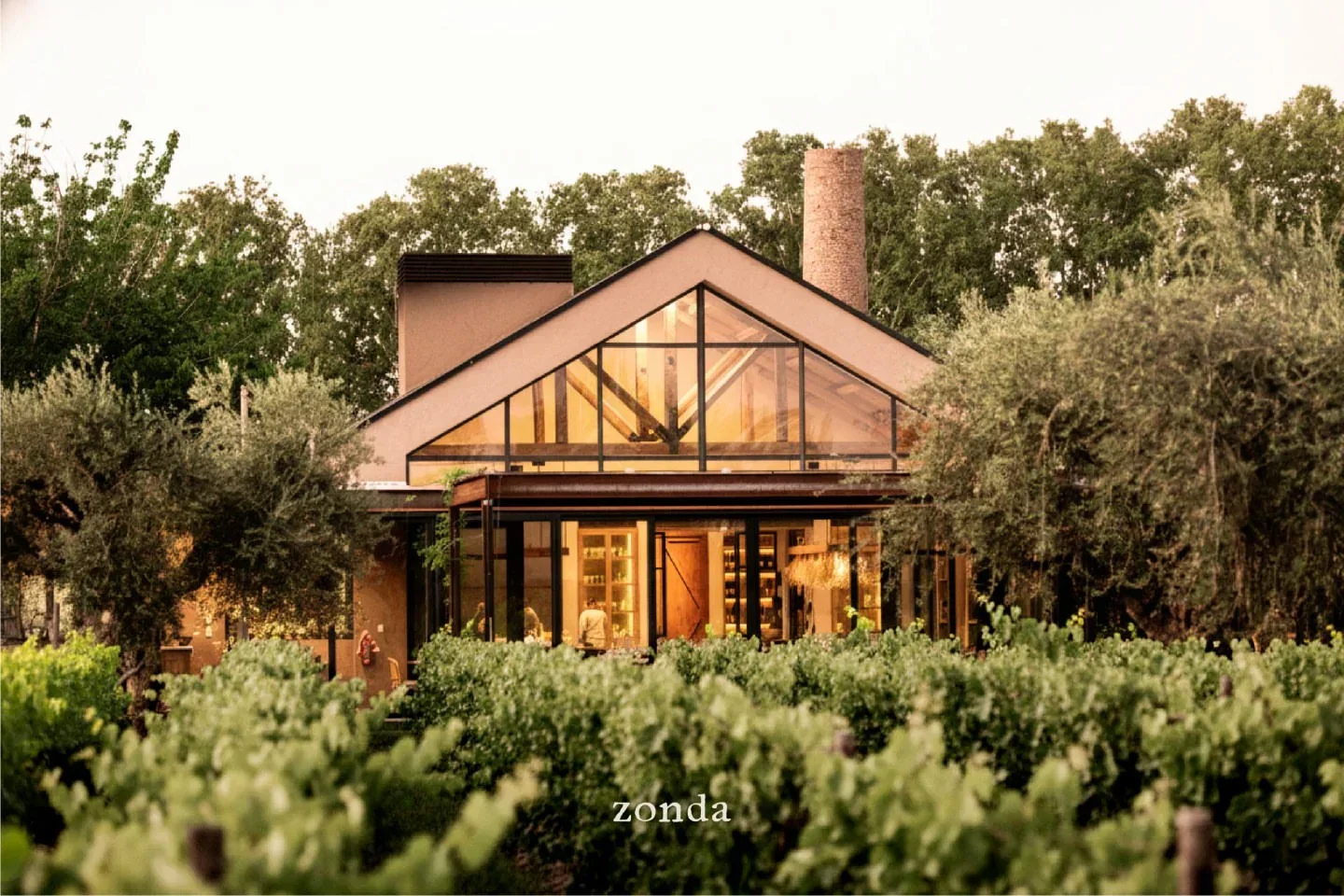 Exterior of Zonda Cocina de Paisaje in Mendoza, with a view of the vineyard.