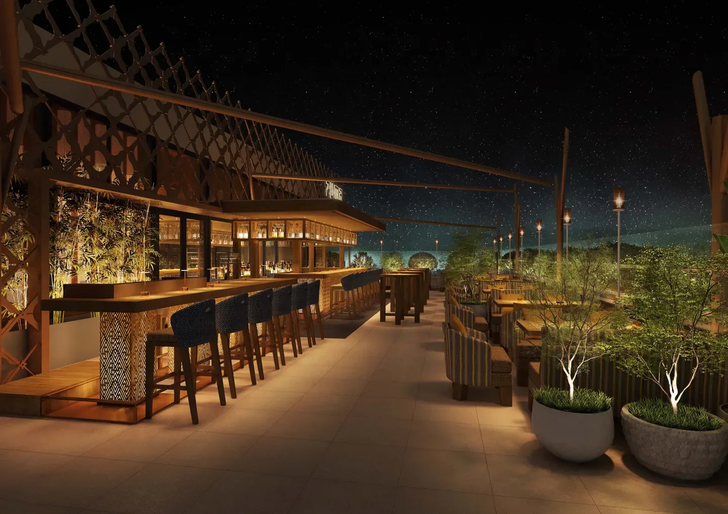 Rooftop bar at Zuma Cannes under the stars, offering a stylish dining experience.